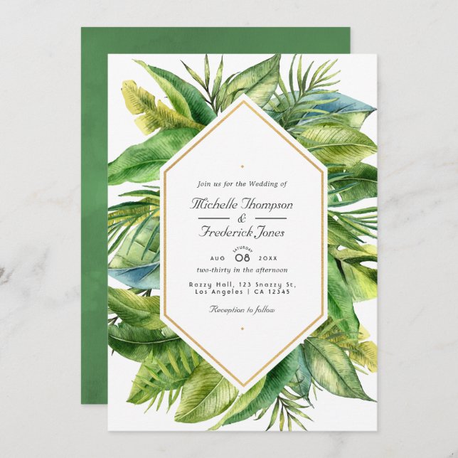 Watercolor Tropical Leaves QR Code RSVP Wedding Invitation (Front/Back)