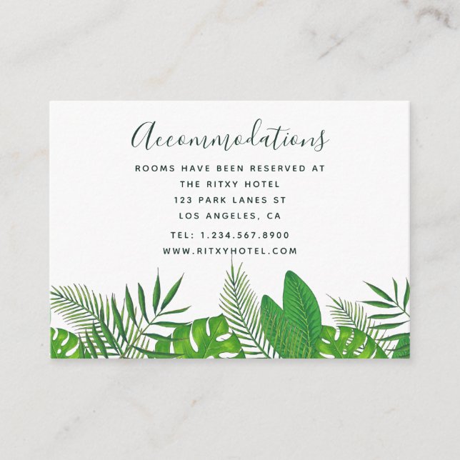 Watercolor Tropical Leaves Wedding Accommodations Enclosure Card (Front)