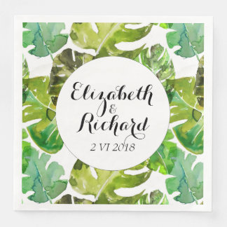 Watercolor Tropical Leaves wedding monogram Napkin