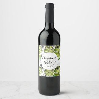 Watercolor Tropical Leaves wedding monogram Wine Label