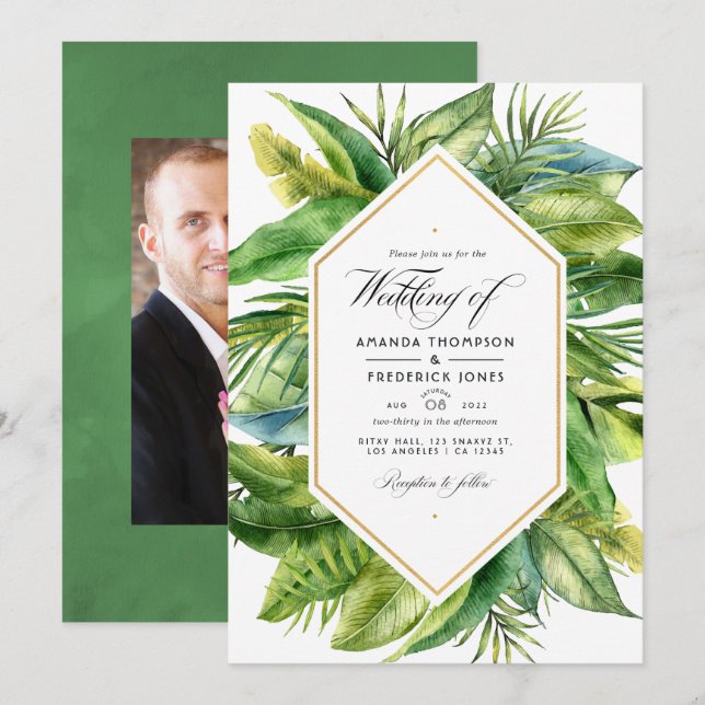 Watercolor Tropical Leaves Wedding Photo Invitation (Front/Back)