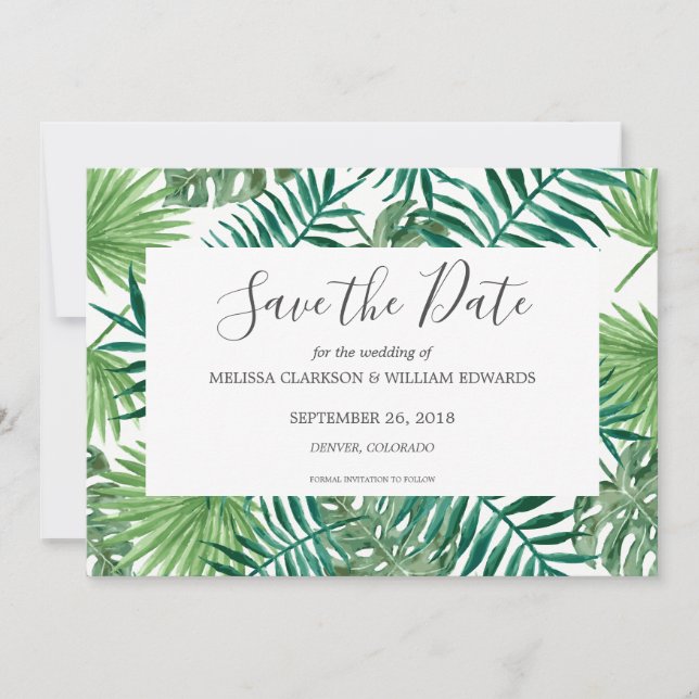 Watercolor tropical leaves Wedding Save the Date (Front)