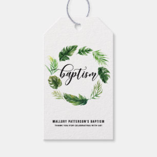 Watercolor Tropical Leaves Wreath Baptism Gift Tag