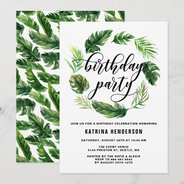 Watercolor Tropical Leaves Wreath Birthday Party Invitation (Front/Back)