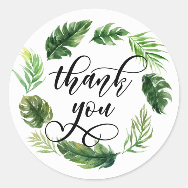 Watercolor Tropical Leaves Wreath Thank You Classic Round Sticker (Front)