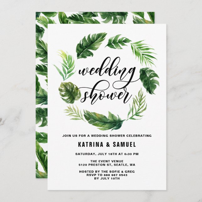 Watercolor Tropical Leaves Wreath Wedding Shower Invitation (Front/Back)
