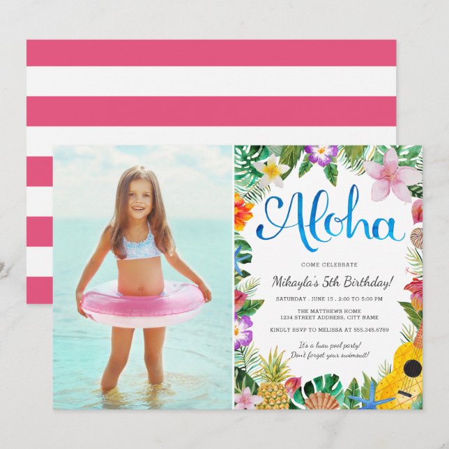 Watercolor Tropical Luau | Photo Birthday Party Invitation (Front/Back)