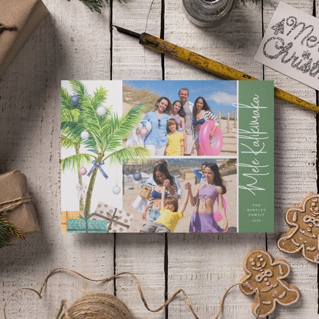 Watercolor Tropical Mele Kalikimaka 2 Photo Holiday Card (Creator Uploaded)
