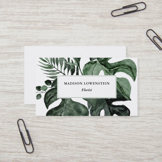 Watercolor Tropical Monstera Leaves Greenery  Business Card (Front/Back In Situ)
