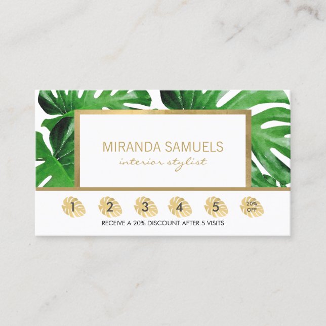 Watercolor Tropical Monstera Leaves Loyalty Card (Front)