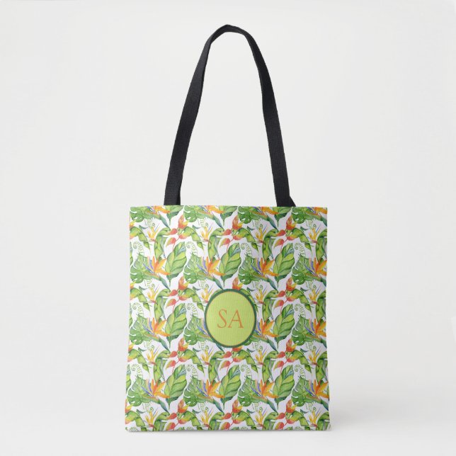 Watercolor Tropical Monstera Leaves Monogrammed Tote Bag (Front)