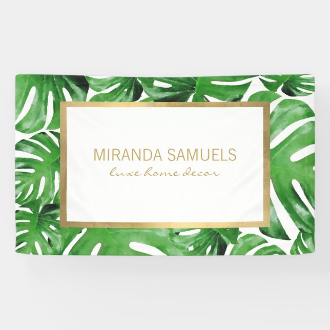 Watercolor Tropical Monstera Leaves Pattern Banner (Horizontal)