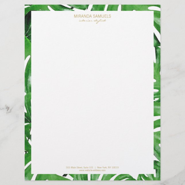 Watercolor Tropical Monstera Leaves Pattern Custom Letterhead (Front)