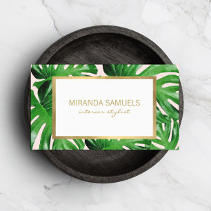 Watercolor Tropical Monstera Leaves Pattern Pink Business Card