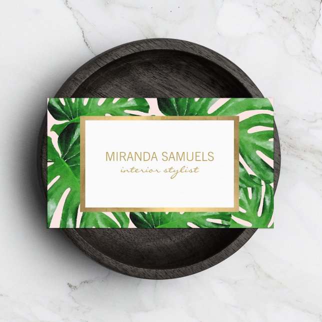 Watercolor Tropical Monstera Leaves Pattern Pink Business Card (Creator Uploaded)