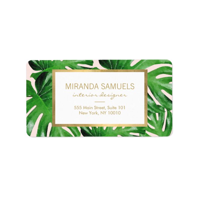 Watercolor Tropical Monstera Leaves Pattern Pink Label (Front)