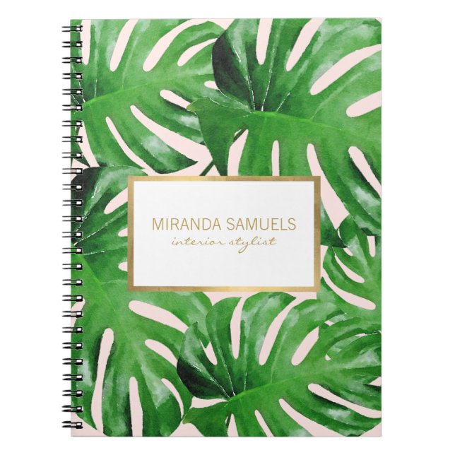 Watercolor Tropical Monstera Leaves Pattern Pink Spiral Notebook (Front)
