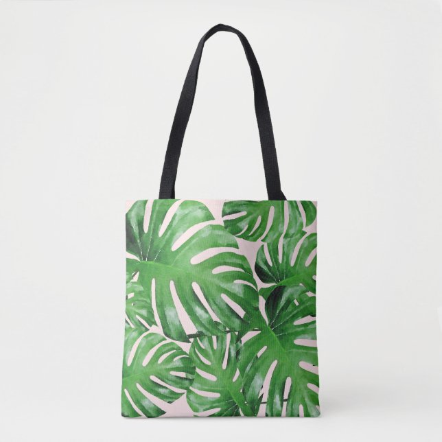 Watercolor Tropical Monstera Leaves Patterned Pink Tote Bag (Front)