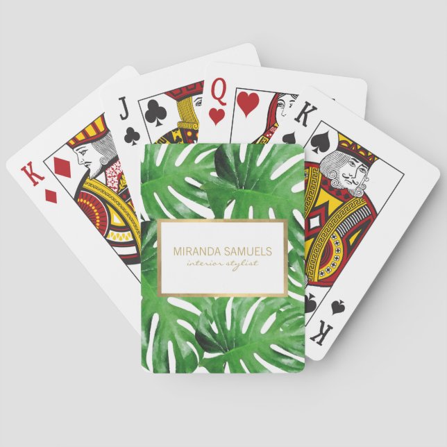 Watercolor Tropical Monstera Leaves Personalised Playing Cards (Back)