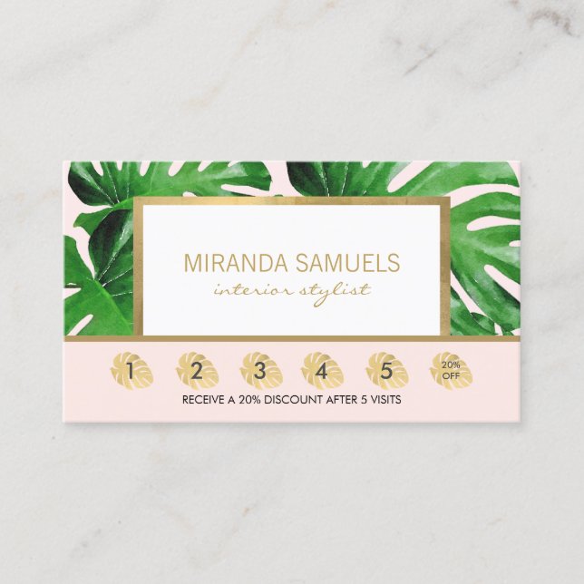 Watercolor Tropical Monstera Leaves Pink Loyalty Card (Front)