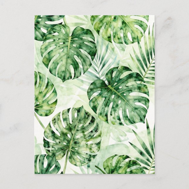 Watercolor Tropical Monstera Palm Leaves Pattern Postcard (Front)