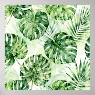 Watercolor Tropical Monstera Palm Leaves Pattern Poster