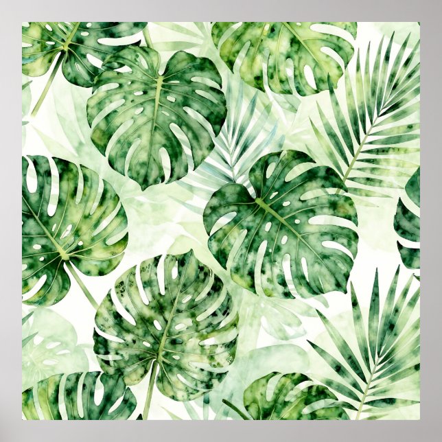 Watercolor Tropical Monstera Palm Leaves Pattern Poster (Front)