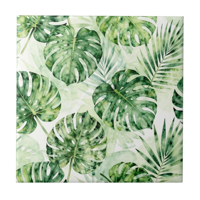 Watercolor Tropical Monstera Palm Leaves Pattern Tile (Front)