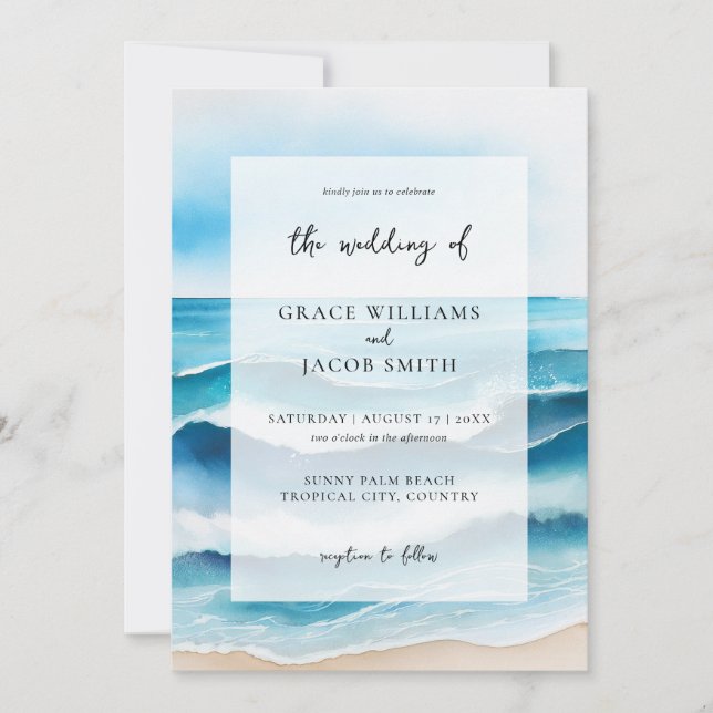 Watercolor Tropical Ocean Beach Wedding Invitation (Front)