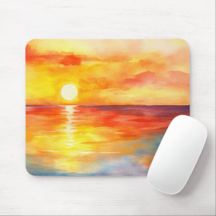 Watercolor Tropical Ocean Sunset Mouse Pad