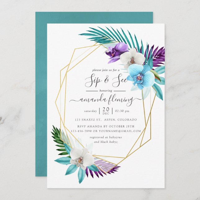 Watercolor Tropical Orchids Geometric Sip and See Invitation (Front/Back)