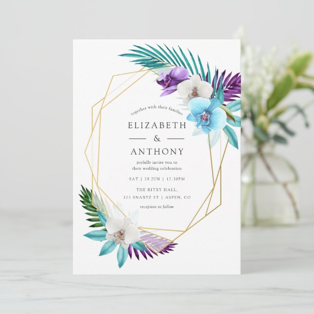 Watercolor Tropical Orchids Geometric Wedding Invitation (Standing Front)