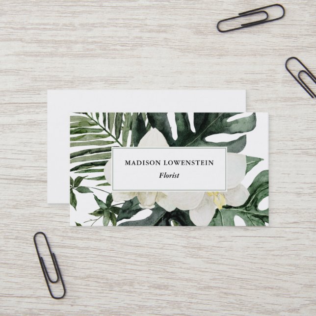 Watercolor Tropical Orchids Monstera Greenery  Business Card (Front/Back In Situ)