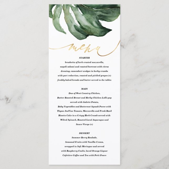 Watercolor tropical palm + gold wedding menu (Front)