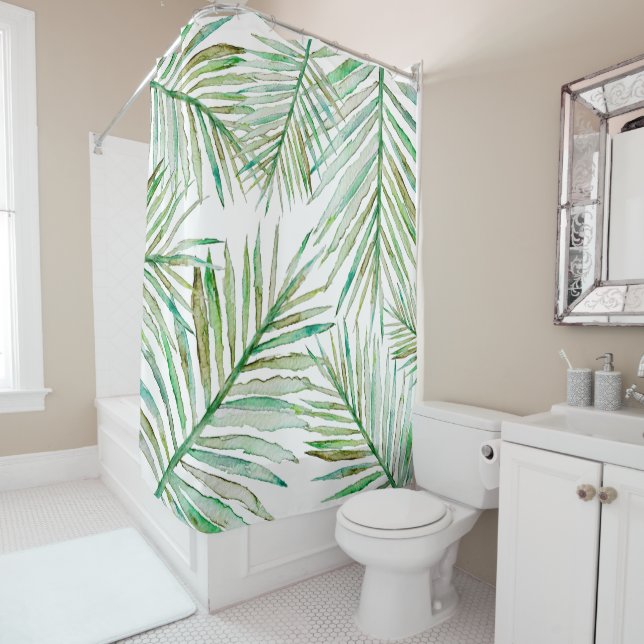 Watercolor Tropical Palm Leaf Shower Curtain (In Situ)