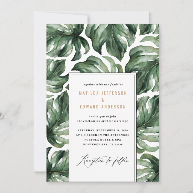 Watercolor tropical palm leaf wedding announcement (Front)