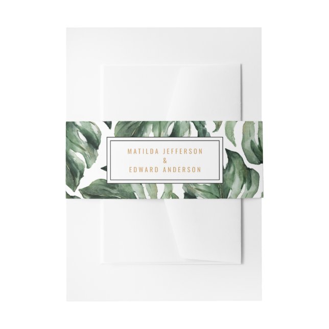 Watercolor tropical palm leaf wedding invitation belly band (Front Example)