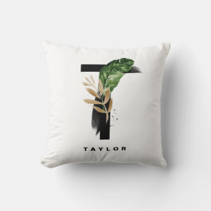 Watercolor Tropical Palm Leaves Letter T Monogram Cushion