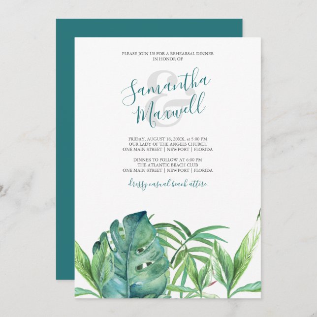Watercolor Tropical Palm Leaves Rehearsal Dinner (Front/Back)