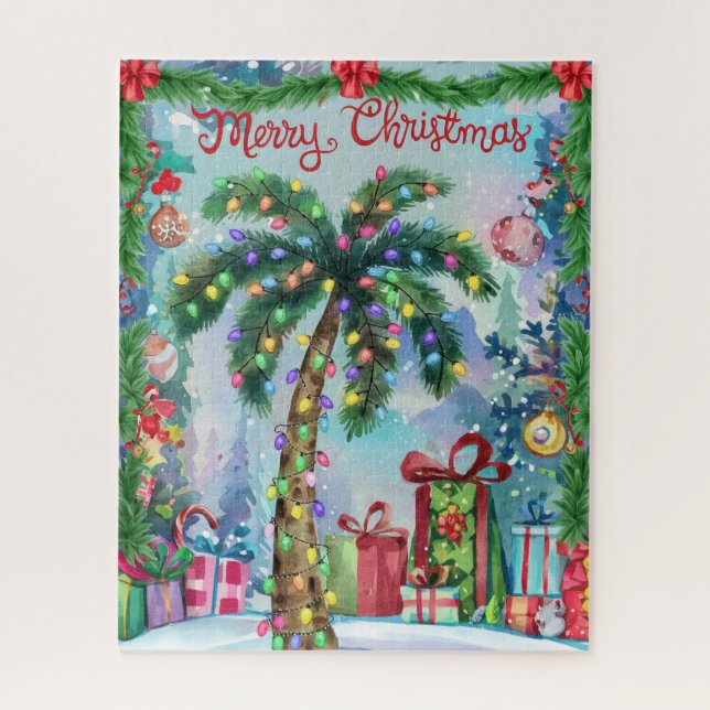 Watercolor Tropical Palm Tree Christmas Jigsaw Puzzle (Vertical)