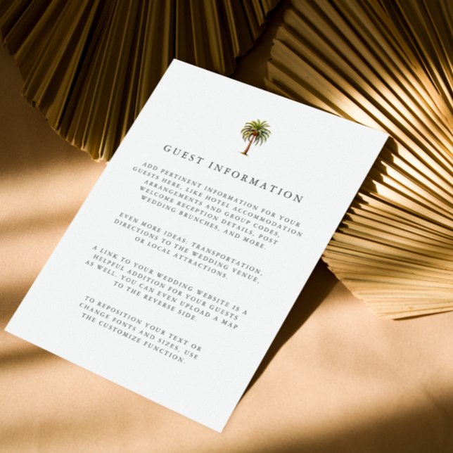 Watercolor tropical palm tree guest Details Invitation (DIGITAL GUEST DETAILS WITH PALM TREE IN WATERCOLOR STYLE FOR EXOTIC TROPICAL WEDDING OR COASTAL)