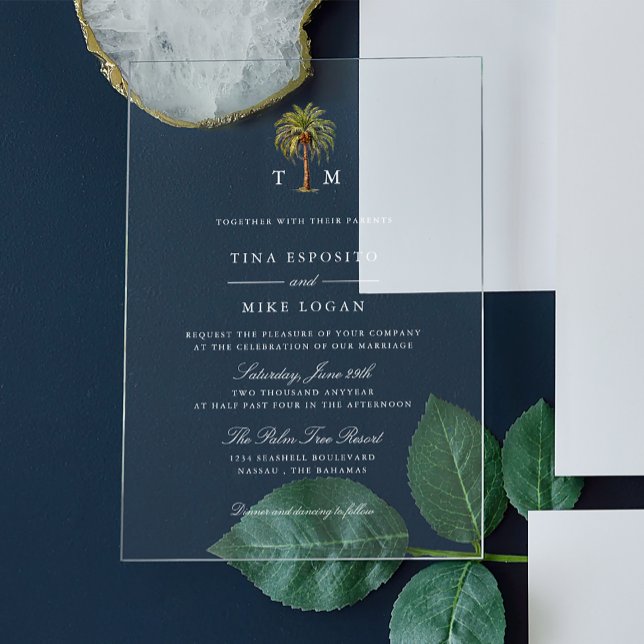 Watercolor tropical palm tree Monogram Wedding  Acrylic Invitations (Creator Uploaded)