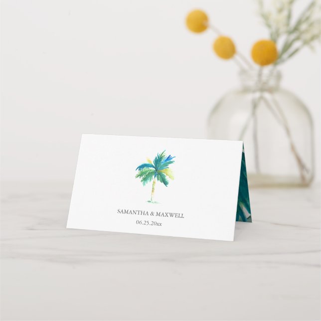 Watercolor Tropical Palm Tree Wedding Place Card (Back)