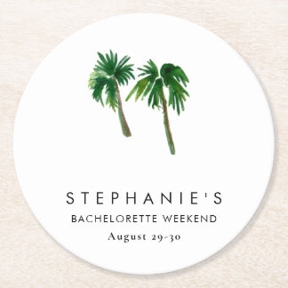 Watercolor Tropical Palm Trees  Bachelorette    Round Paper Coaster