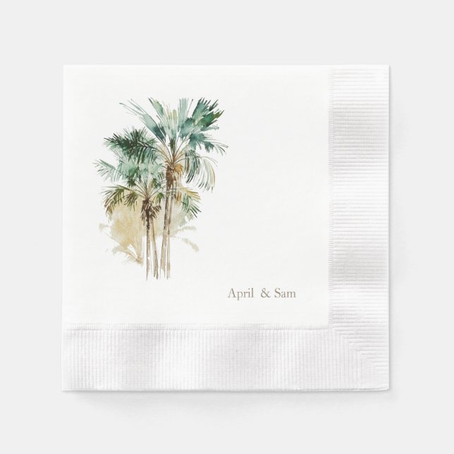 Watercolor Tropical Palm Trees Coined Wedding Napkin (Front)