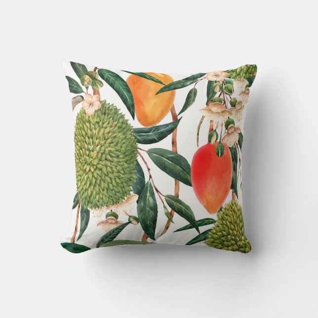 Watercolor tropical pattern, durian fruit, mango o cushion (Front)