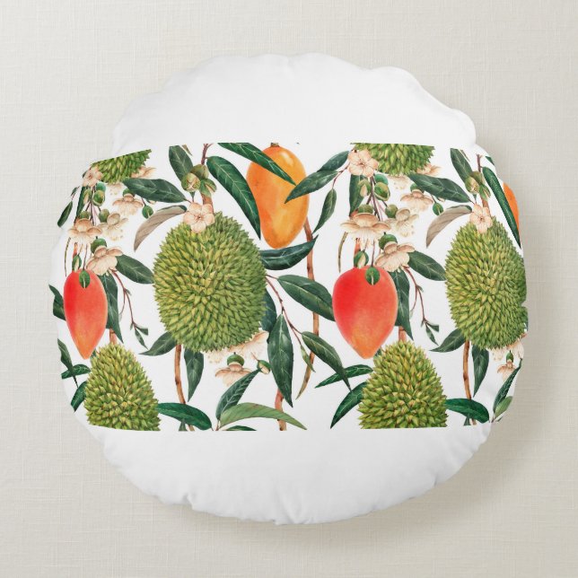 Watercolor tropical pattern, durian fruit, mango o round cushion (Front)