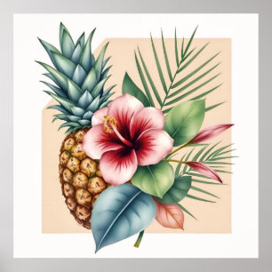 Watercolor Tropical Pineapple & Hibiscus Flower Poster