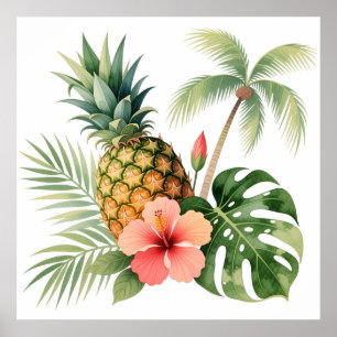Watercolor Tropical Pineapple & Hibiscus Flower Poster