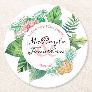 Watercolor Tropical Pineapple Orchid Wedding Favou Round Paper Coaster
